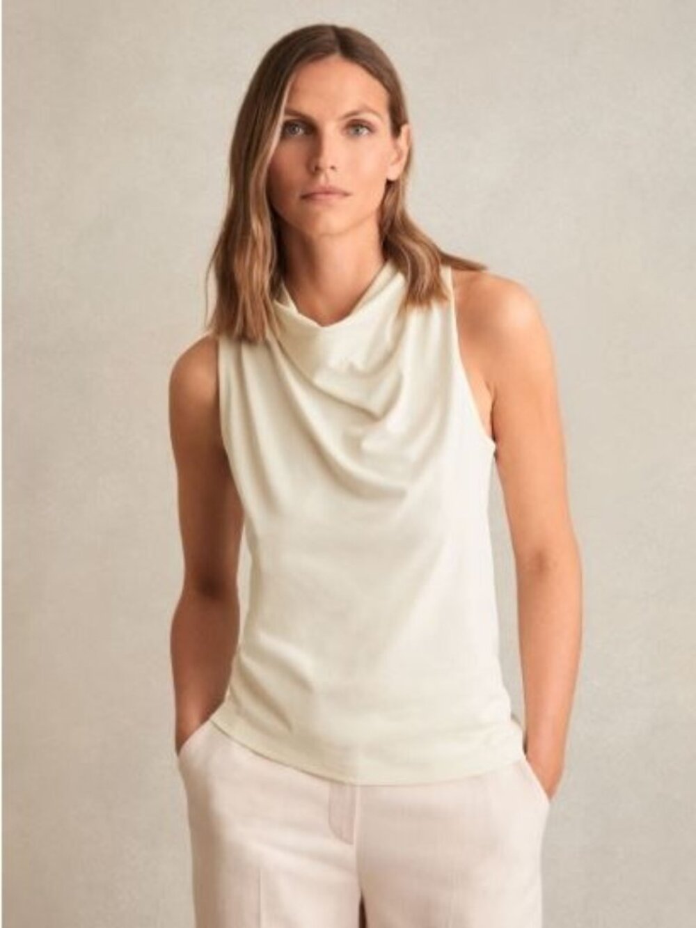 T By Talbots Cowl Neck Top Size Large Petite Sleeveless Draped White